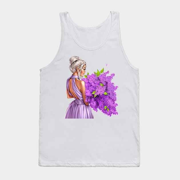 Blonde Girl Lilac Flower Bouquet Tank Top by AllessyArt 